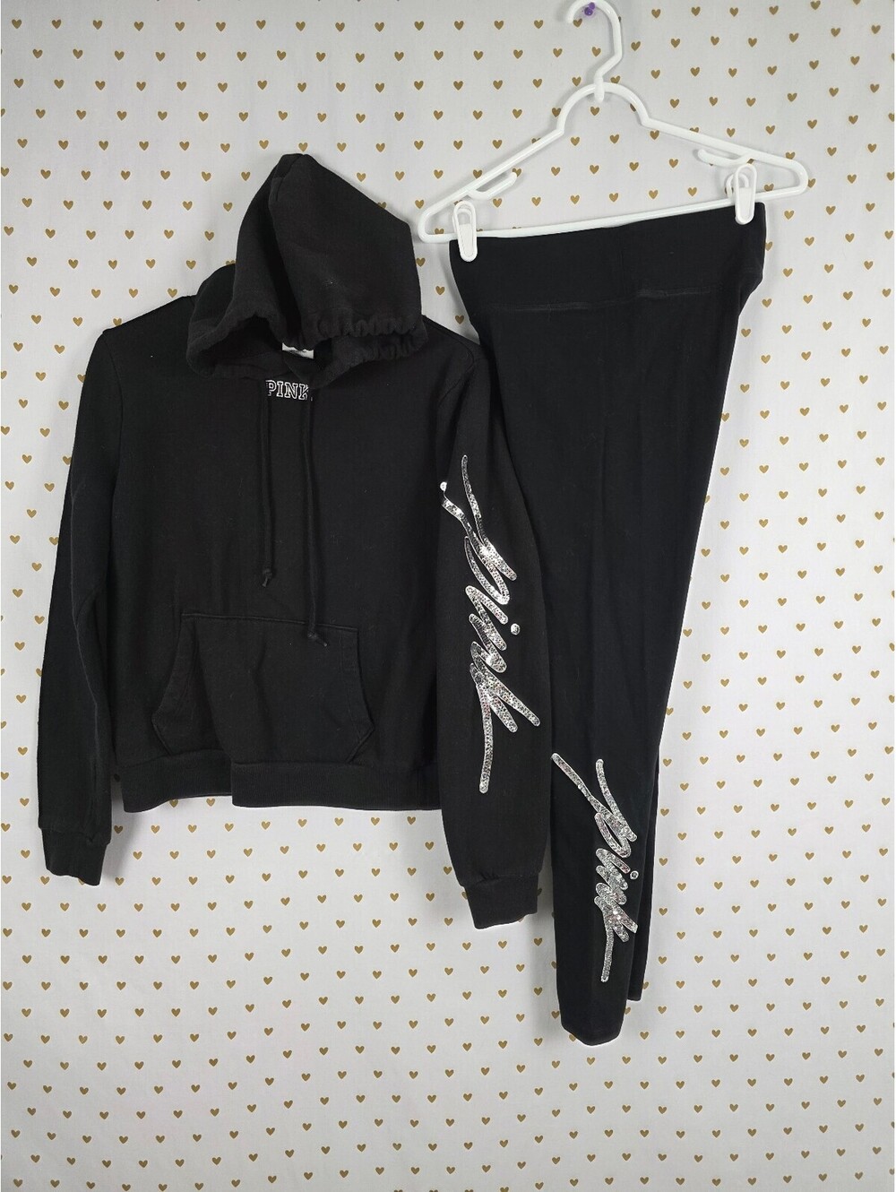 Victorias Secret Pink Bling Logo SET Outfit Hoodie Yoga Pants 2pc SMALL Sequins